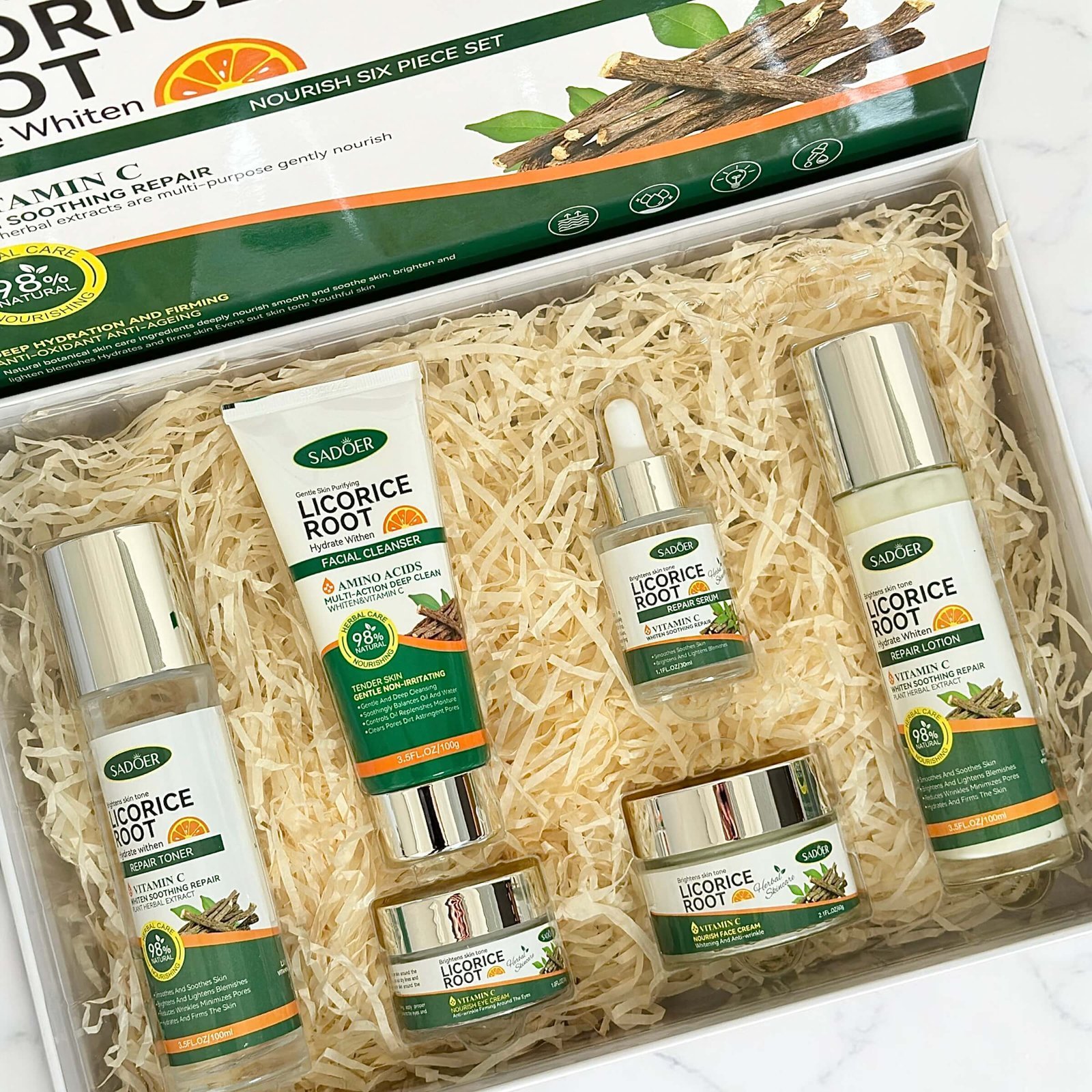 Kit De Cuidado Facial Sadoer Raiz De Regaliz Con Vitamina C 6 Pcs