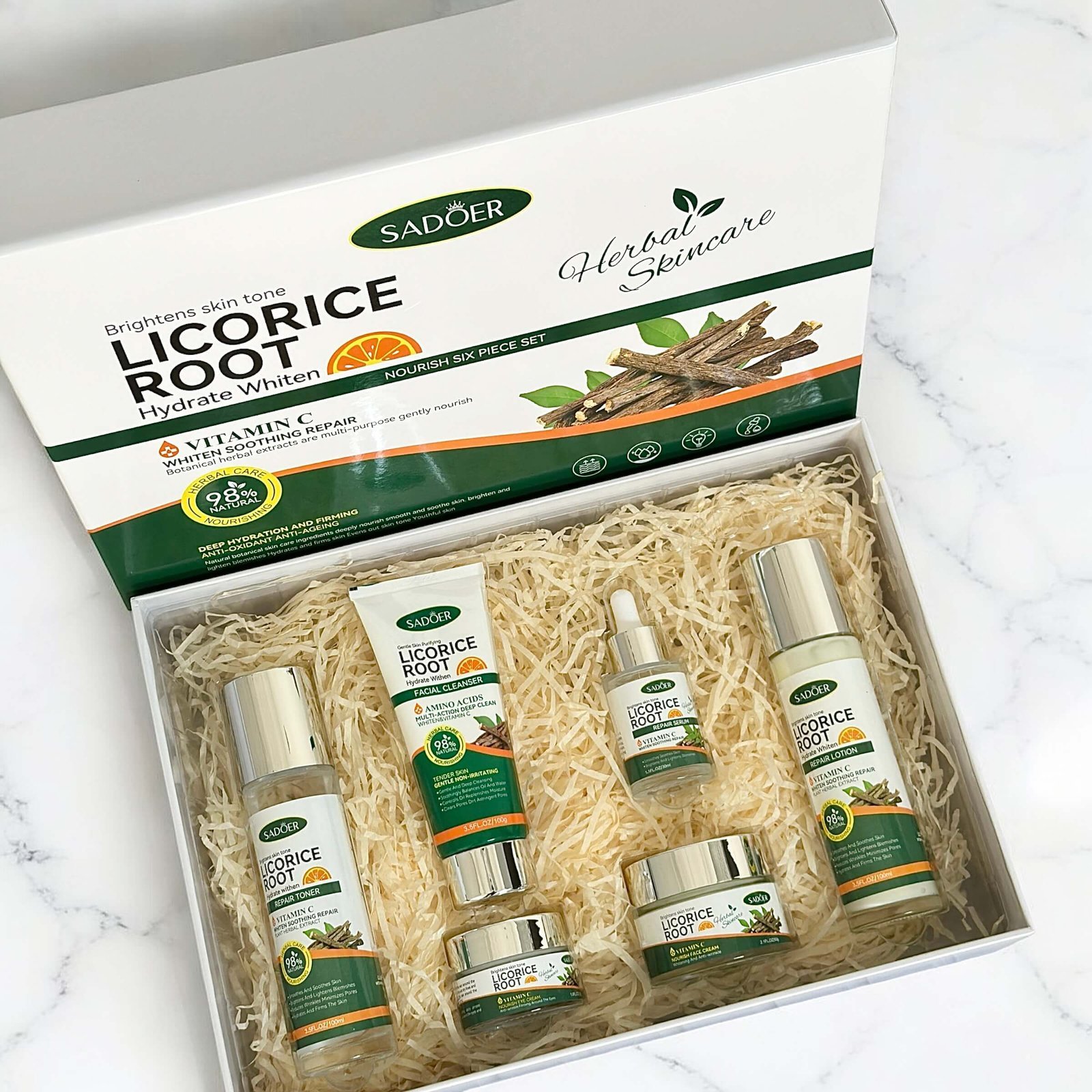Kit De Cuidado Facial Sadoer Raiz De Regaliz Con Vitamina C 6 Pcs