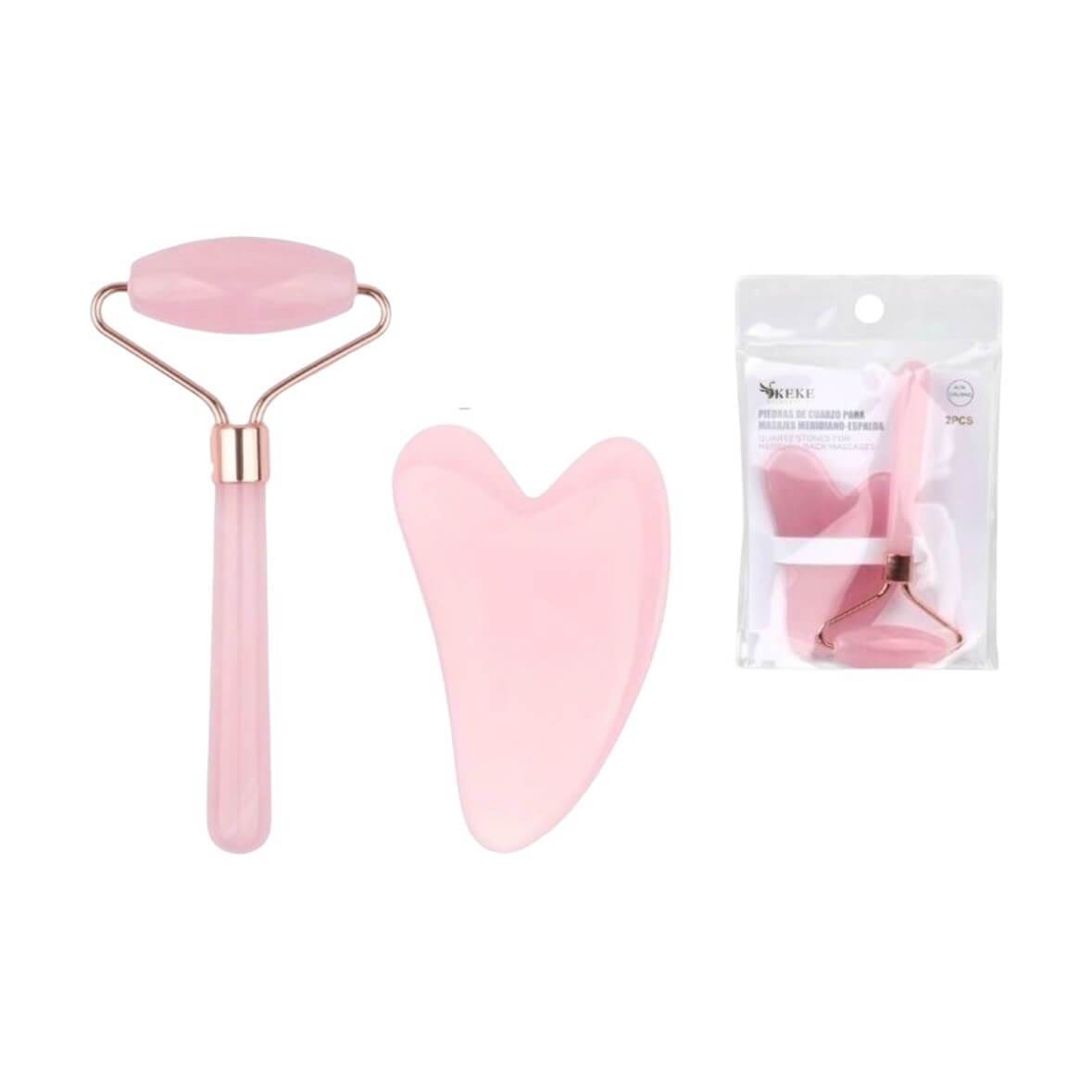 Set de Rodillo Facial + Gua Sha de Cuarzo Rosa